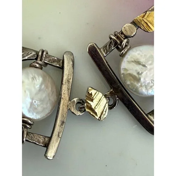 Vintage 90s Modernist Donna Burdic Bracelet Coin Pearls Sterling Gold Leaves